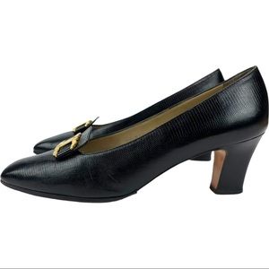 Salvatore Ferragamo Lizard Embossed Block Heel Gancini Vintage Pumps Black Sz 39